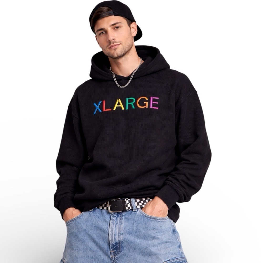 XLARGE Los Angeles Waffle Knit Black Hoodie Y2K Streetwear Rainbow Logo Men’s M